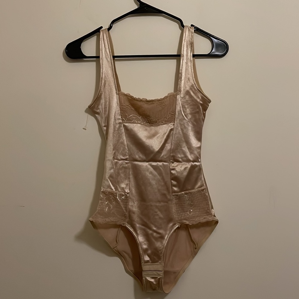FIT Silky Smooth Champagne Satin Adjustable Bodysuit w/ Lace Details